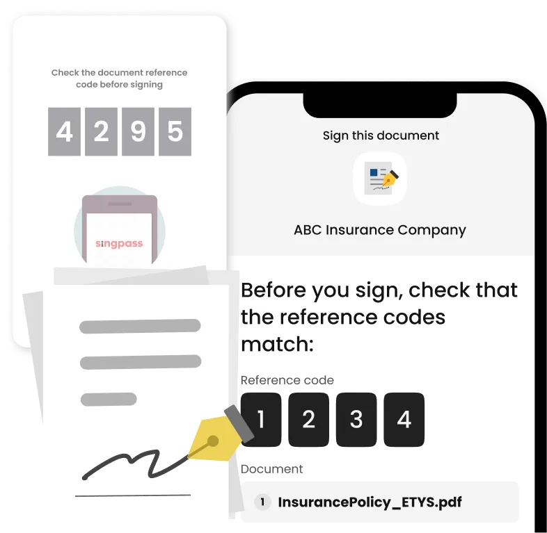 Screenshot of Singpass app's digital signing interface and an icon of a document being signed with a pen